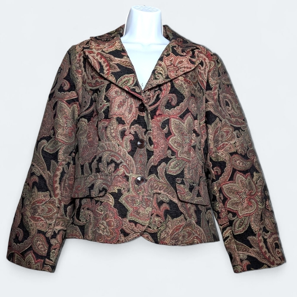 Dressbarn Metallic Floral Paisley Jacquard Blazer Boho Vintage Tapestry Jacket